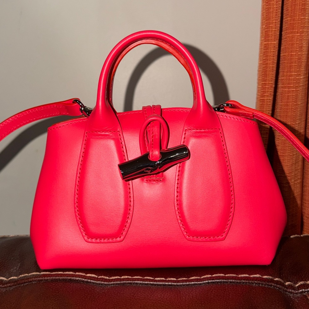 ‼️Authentic NEW Longchamp Le Roseau XS Red Leather Satchel Crossbody Bag - Picture 3 of 15